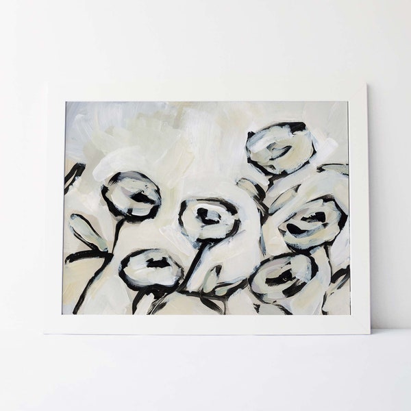 Modern Rose Painting Black Cream White Minimalist Flower Artwork Large Floral Print | "A Rose Grouping" - Art Print or Canvas