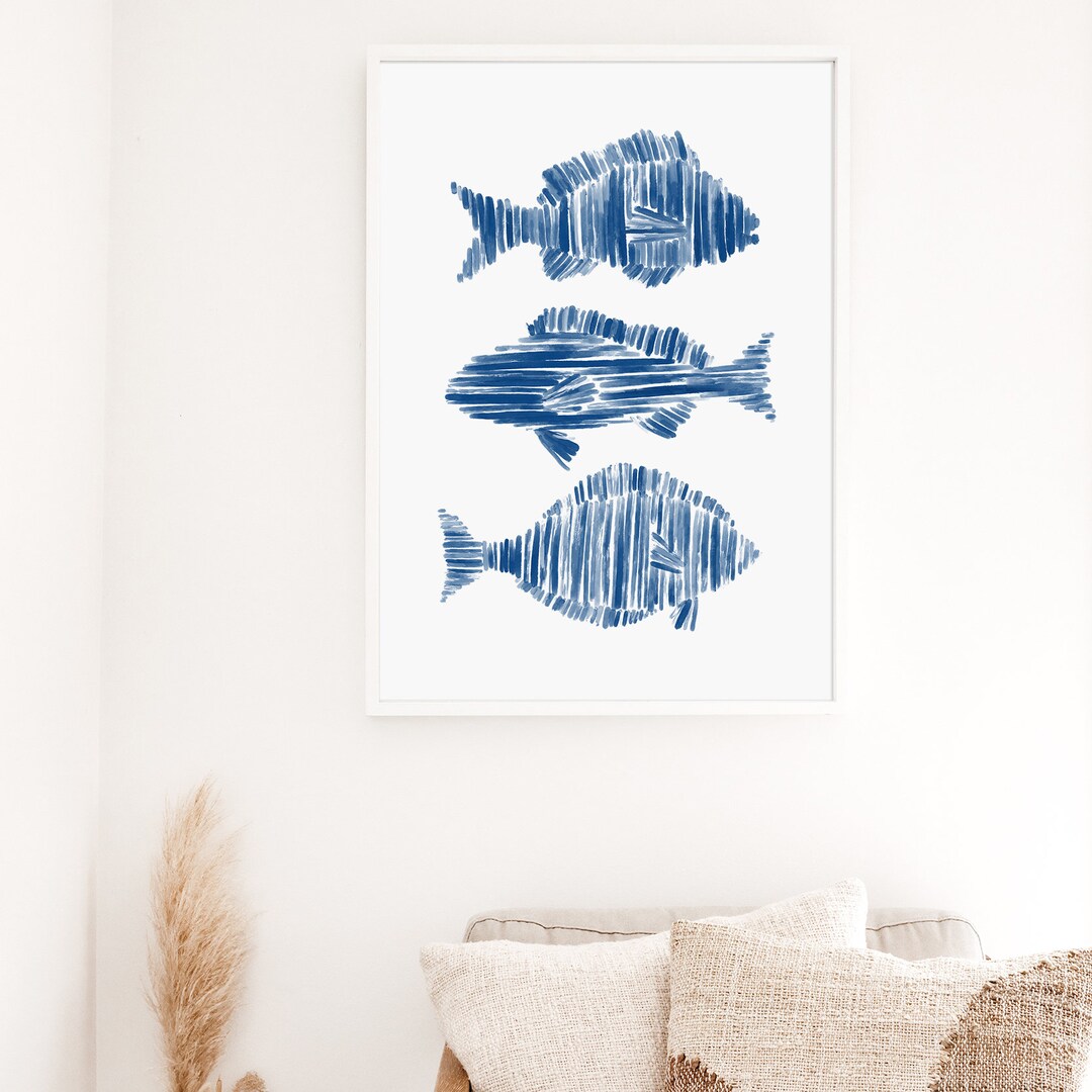 Minimalist Sea Life Artwork | Modern Fish Painting in Blue and White ...