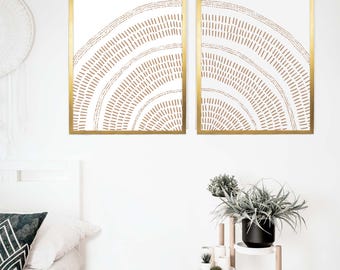 Sunrise Print | Mid Century Boho Modern Minimalist Nursery Decor Diptych | "Rust Orange Sunrise" - Set of 2 - Art Prints or Canvases