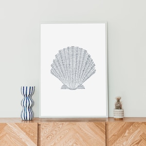 Scallop Sea Shell Print Coastal Decor Beach House Blue & White Nautical Home Wall Art | "Minimalist Scallop Seashell" - Art Print or Canvas