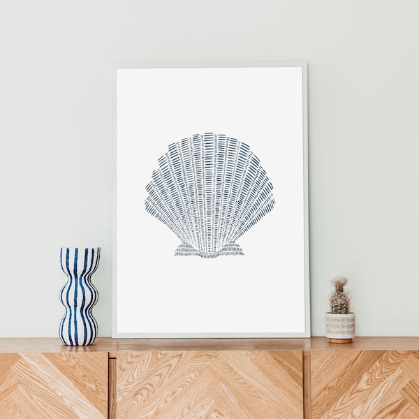 Scallop Sea Shell Print Coastal Decor Beach House Blue & White Nautical Home Wall Art | "Minimalist Scallop Seashell" - Art Print or Canvas