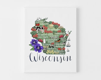 Wisconsin State Map Gift | Home Town Landmark Illustrated Wall Art | Print or Canvas