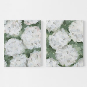 Hydrangea Art Set Floral Farmhouse Decor Green & White Countryside Flower Diptych | "August Hydrangeas" - Set of 2 - Art Prints or Canvases