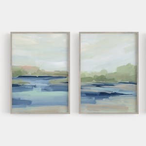 Lake Wall Art Painting Modern Lakehouse Statement Lakefront Abstract Diptych Print | "Calmed Shores" - Set of 2  - Art Prints or Canvases