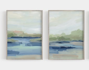 Lake Wall Art Painting Modern Lakehouse Statement Lakefront Abstract Diptych Print | "Calmed Shores" - Set of 2  - Art Prints or Canvases