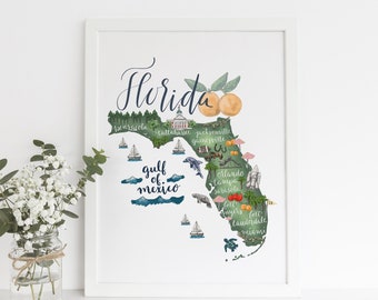 Florida Map Wall Art State Gift Idea Landmark Illustration Artwork Poster Print or Canvas