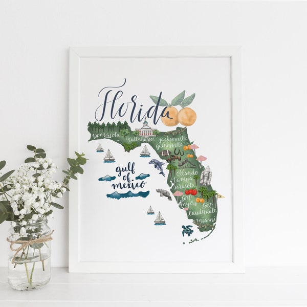 Florida Map Wall Art State Gift Idea Landmark Illustration Artwork Poster Print or Canvas