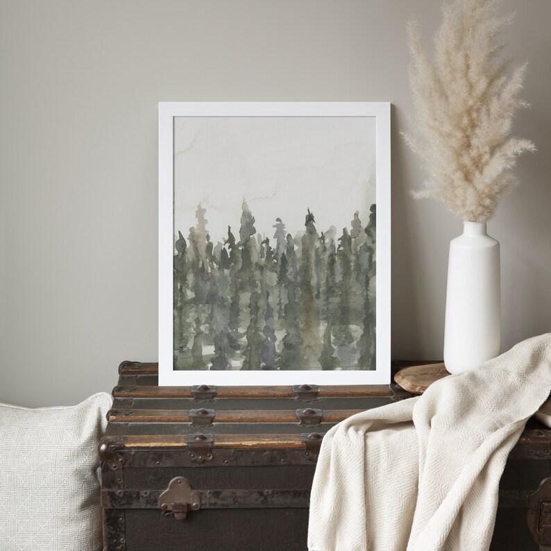 Forest Painting Tree Line Art Print Ethereal Fog Misty Woodland Giclee Art Forest Watercolor Landscape, No. 4 Art Print or Canvas image 8