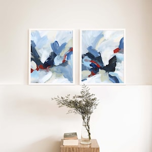 Modern Nautical Abstract Paintings | Red, White & Blue Contemporary Statement Diptych | &quot;Into July&quot; - Set of 2 - Art Prints or Canvases