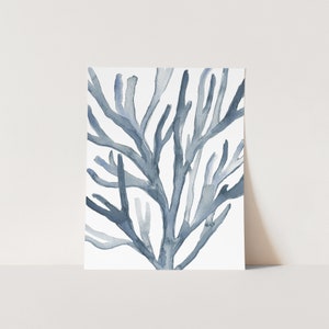 Hamptons Style Print | Nautical Blue Coral in Blue & White for Beach House Art | &quot;Blue Seaweed Coral Watercolor No. 2&quot; - Art Print or Canvas