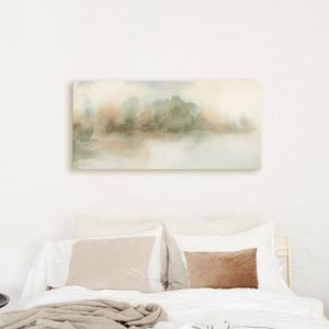 Panoramic Lake and Mountain Wall Decor | Tranquil Watercolor Landscape for Living Room | &quot;Alpine Mist Panoramic&quot; – Art Print or Canvas