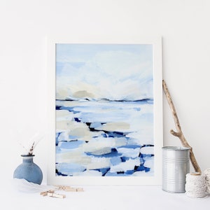 Beach Art Blue and White Landscape Painting Modern Coastal East Coast Jetty Home Wall Art | "Shoreline Haze" - Art Print or Canvas