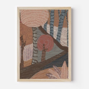 May include: A framed illustration of a forest scene with stylized trees in shades of brown, pink, and blue. The trees are drawn with a variety of patterns and textures, creating a whimsical and abstract feel.