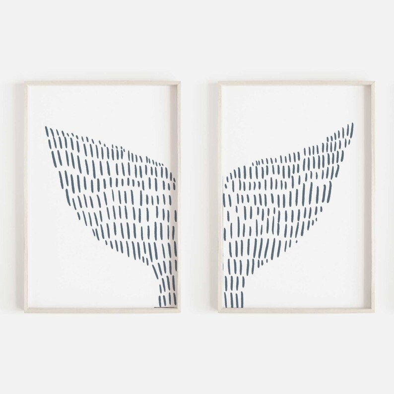 Coastal Wall Art Whale Tail Print Diptych Nautical Home Decor Slate Blue and White Hamptons Modern Set of 2 Prints or Canvases 
