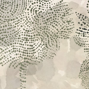 May include: Abstract digital art print with a swirling pattern of green dots on a light beige background.