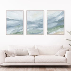 Coastal Wall Art Decor Ocean Painting Set Modern Minimalist Blue Beach House Triptych | "Soothing Tides" - Set of 3 - Art Prints or Canvases