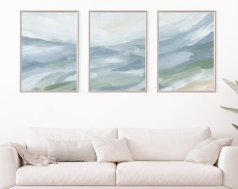 Coastal Wall Art Decor Ocean Painting Set Modern Minimalist Blue Beach House Triptych | "Soothing Tides" - Set of 3 - Art Prints or Canvases