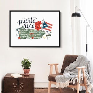 May include: A printable map of Puerto Rico with the words "puerto rico" in blue cursive lettering. The map is green and shows the island's coastline, cities, and towns. A red, white, and blue Puerto Rican flag is in the upper right corner of the map.