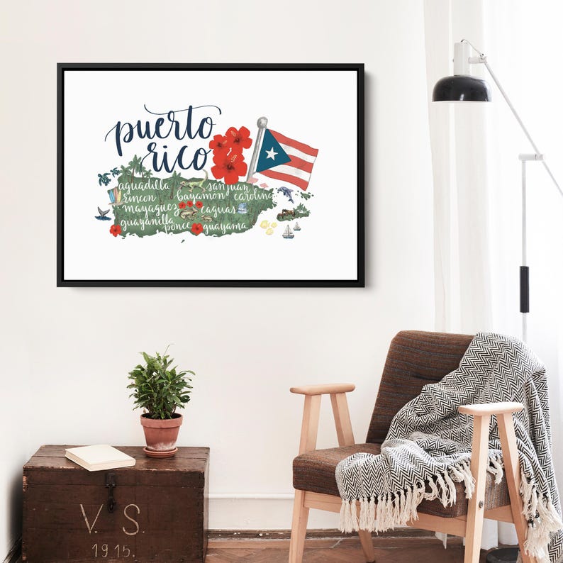 May include: A printable map of Puerto Rico with the words "puerto rico" in blue cursive lettering. The map is green and shows the island's coastline, cities, and towns. A red, white, and blue Puerto Rican flag is in the upper right corner of the map.