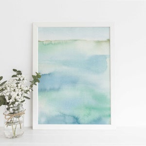 Beach Painting Art Seascape Ocean Wall Artwork Original Modern Watercolor Blue Green Art | "Seascape Horizon, No. 2"  - Art Print or Canvas