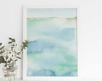 Beach Painting Art | Seascape Ocean Wall Artwork Original Modern Watercolor in Blue Green | "Seascape Horizon, No. 2" - Art Print or Canvas
