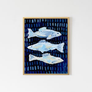 Fish Painting Blue and White Modern Nautical Decor Beach House Wall Art | "Bayside Fish" - Art Print or Canvas