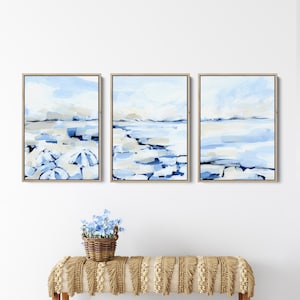 Coastal Wall Art | Modern Blue & White Coastline Painting for Beach Decor, Summer Triptych | &quot;Coastal Haze&quot; - Set of 3 Art Prints or Canvas
