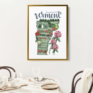 Vermont Print | State Map Sign Gift with Illustration of VT Landmark | Art Print or Canvas
