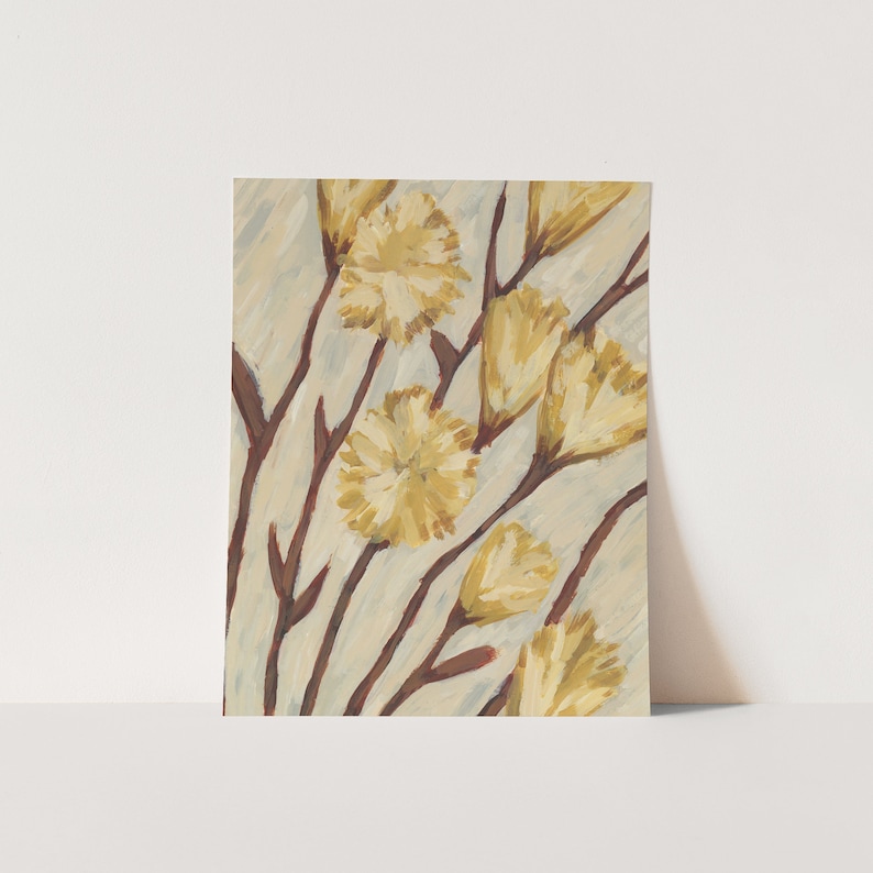 May include: A painting of a bouquet of yellow flowers with brown stems on a light blue background.