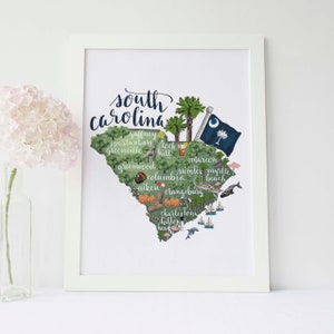 South Carolina State Map | SC Charleston Gift with Savannah Hometown Landmark | Wall Art Decor Print or Canvas