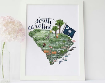 South Carolina State Map | SC Charleston Gift with Savannah Hometown Landmark | Wall Art Decor Print or Canvas