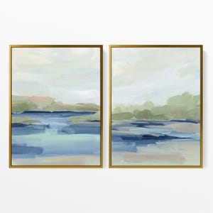 Dipinto murale sul lago / Quadro moderno su casa sul lago con dittico astratto sul lungolago / "Rive calme" - Set di 2 stampe artistiche o tele