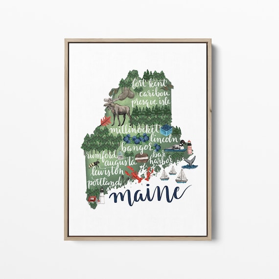 Maine State Map Drawing | ME Illustration Gift with Bar Harbor Hometown Landmark | Wall Art Decor Print or Canvas