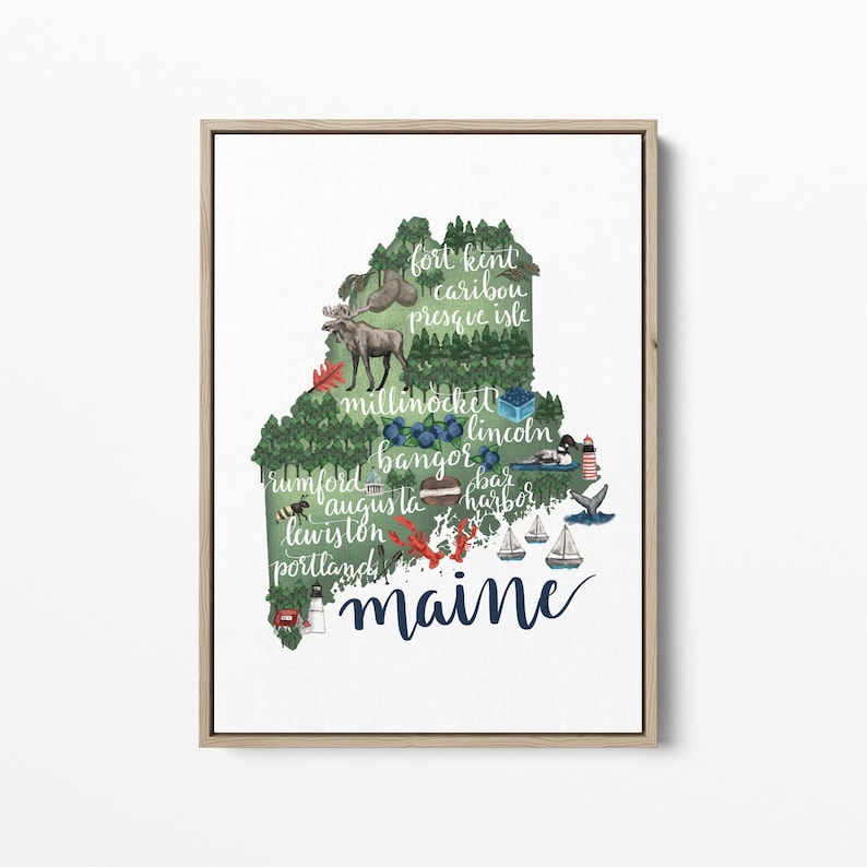 May include: A green outline of the state of Maine with the names of cities and towns written on it. The outline is filled with illustrations of various things associated with Maine, such as a moose, blueberries, a lobster, a lighthouse, and sailboats.