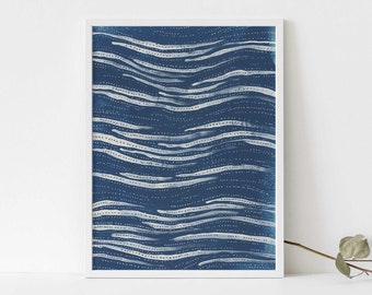 Abstract Wave Painting Blue and White Modern Beach House Bathroom Coastal Wall Art | "Ocean Blues" - Art Print or Canvas