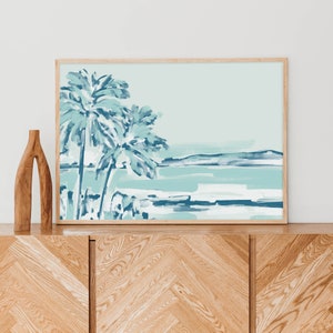 Turquoise Blue Tropical Artwork | Modern Beachscape with Island Palm Trees for Coastal Art | "Haze of the Tropics" - Art Print or Canvas