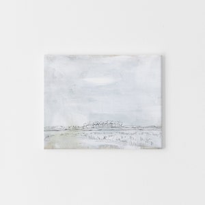 May include: A minimalist painting of a landscape with a line of trees in the distance. The sky is a light blue with a hint of gray, and the ground is a light brown. The painting is done in a simple, abstract style.