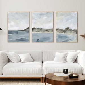 Coastal Landscape Wall Art Coastline Painting Beach Decor Shore Neutral Triptych | "Shoreline Cove" - Set of 3 - Art Prints or Canvases