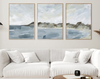 Coastal Landscape Wall Art Coastline Painting Beach Decor Shore Neutral Triptych | "Shoreline Cove" - Set of 3 - Art Prints or Canvases