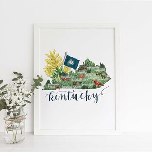 Decoración con mapa de Kentucky, ilustraciones del estado de origen, regalo de arte mural de Louisville, impresión o lienzo con orgullo estatal