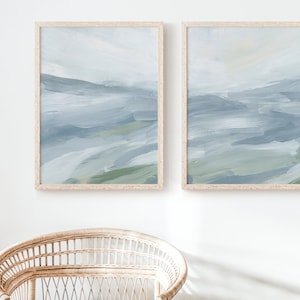 Water Painting | Modern Coastal Ocean Artwork Abstract Decor in Blue Sea Diptych | &quot;Glassy Waters&quot; - Set of 2 - Art Prints or Canvases