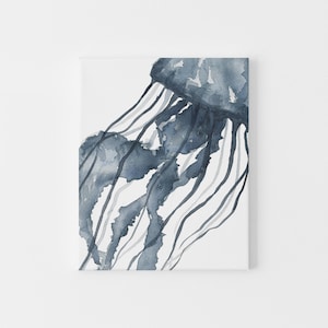 Blue Jellyfish Artwork | Coastal Poster for Beach Bathroom Decor Wall Art | &quot;Blue Watercolor Jellyfish No. 1&quot; - Art Print or Canvas