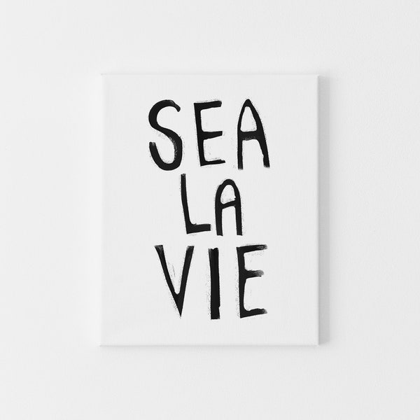 Surfer Quote Modern Beach House Decor Minimalist Coastal Quote Artwork | "Black & White Sea La Vie" - Art Print or Canvas