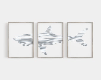 Great White Shark Print Large Nursery Decor Blue Modern Beach Triptych | "Minimalist Shark Illustration" - Set of 3 - Art Prints or Canvases