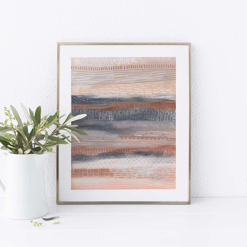 May include: A framed abstract art print with a layered design of horizontal lines in shades of brown, gray, and white. The lines are textured and have a hand-painted look.