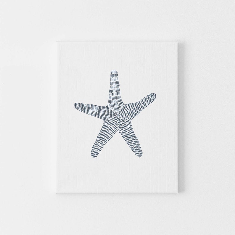 Starfish Wall Art Modern Coastal Nautical Decor Blue & White Sea Star Bathroom Beach Minimalist Starfish Art Print or Canvas image 3