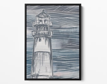 Lighthouse Print Nautical Illustration Blue and White Artwork Coastal Home Decor Art | "Nautical Blue Lighthouse" - Art Print or Canvas