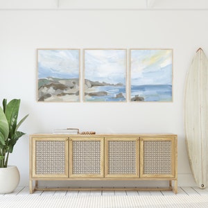 Beach Landscape Painting Set Seascape Artwork Statement Beach House Triptych Coastline in the Morning Set of 3 Art Print or Canvases image 7