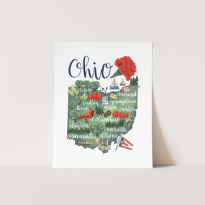 Ohio State Map Landmark Drawing OH Columbus Cincinnati Gift Idea Art ...