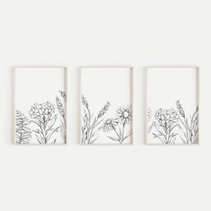 Wildflower Print Farmhouse Flower Minimalist French Country Herb Triptych | "Wildflower Illustrations" - Set of 3 - Art Prints or Canvases